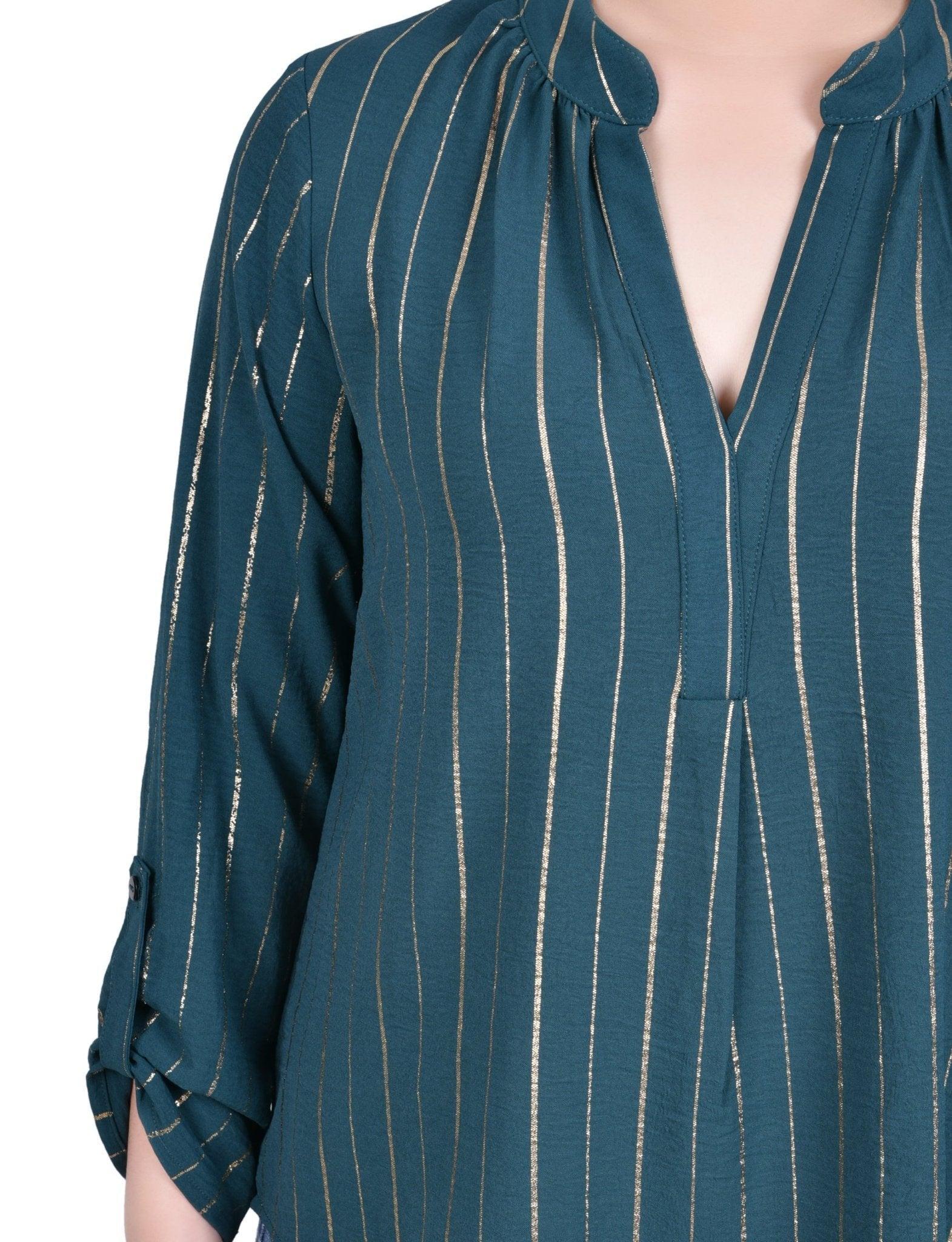 NY Collection Long Sleeve Foil Striped Blouse - Petite Product Image