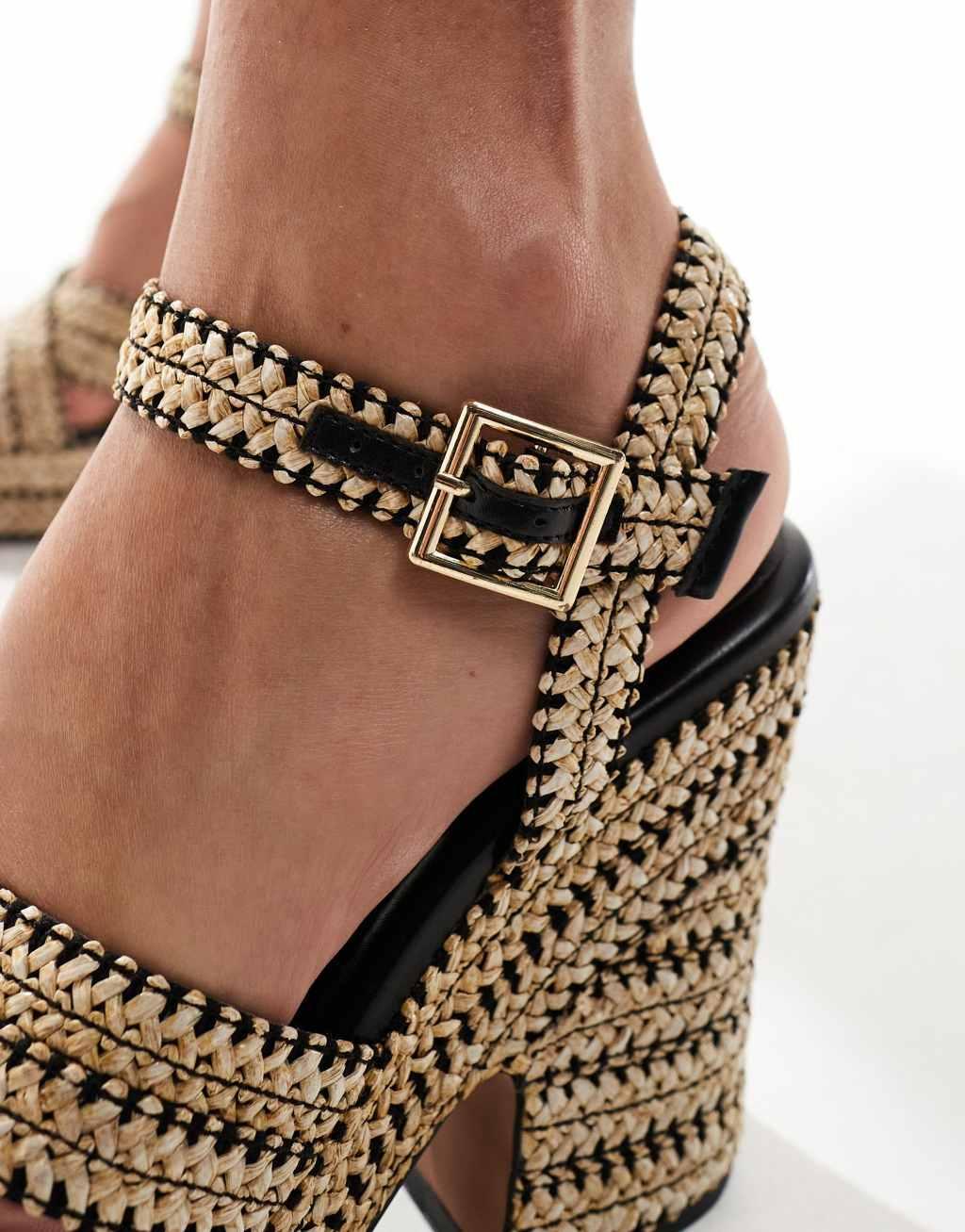 ASOS DESIGN Twiggy cross strap wedges in black and natural raffia Product Image