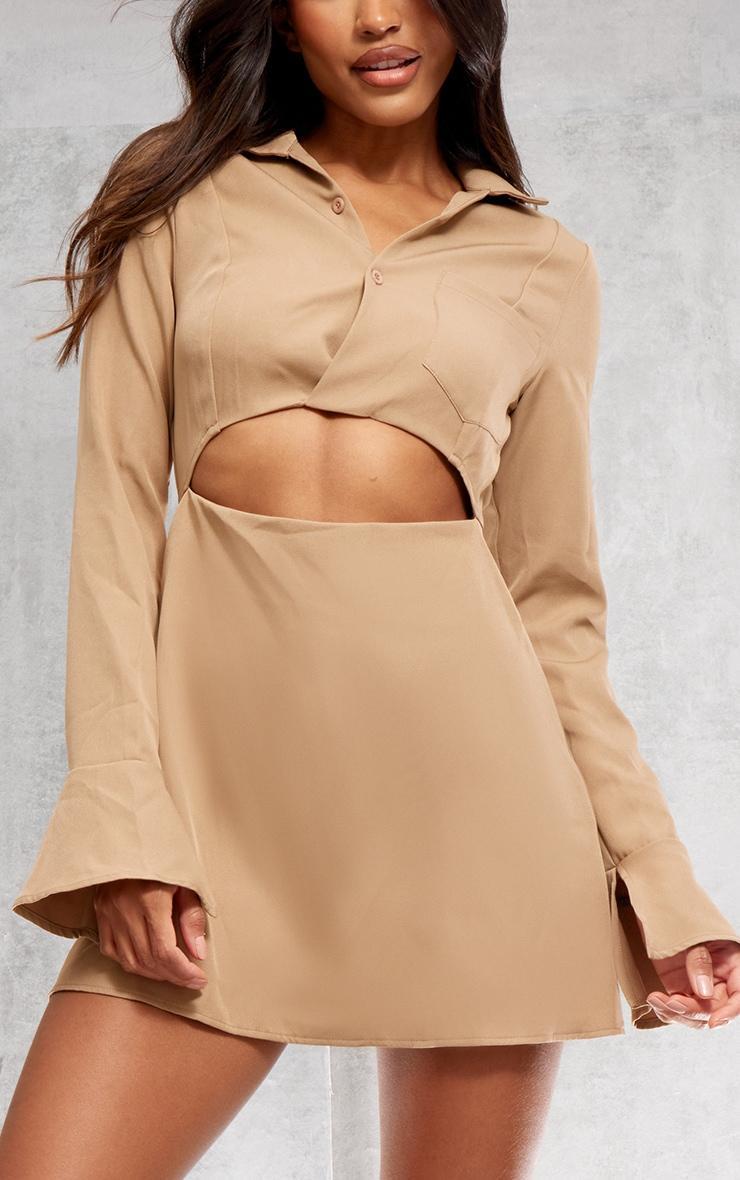 Camel Collar Detail Cut Out Flare Sleeve Shift Dress product image