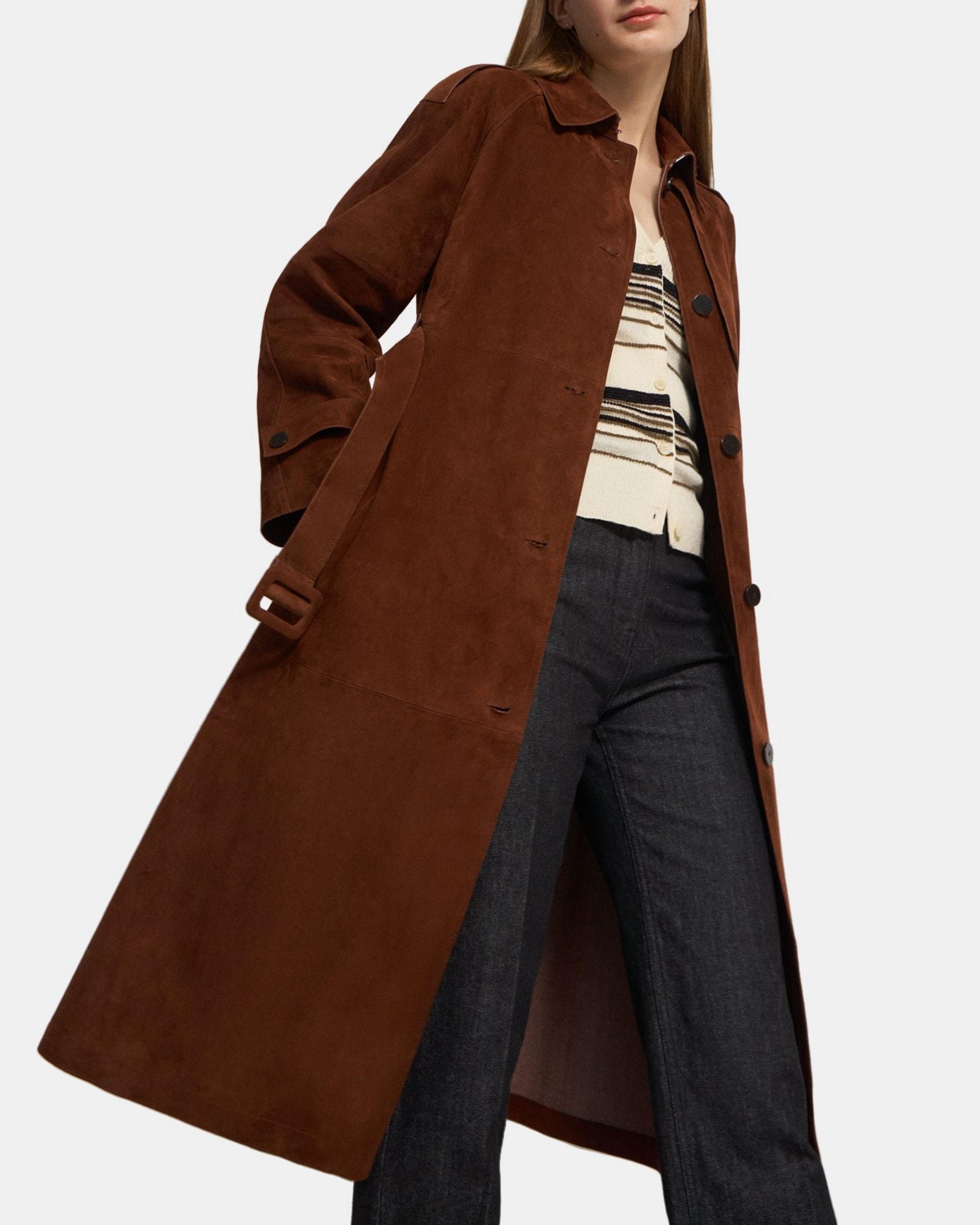 Belted Trench Coat in Cotton-Bonded Suede Product Image