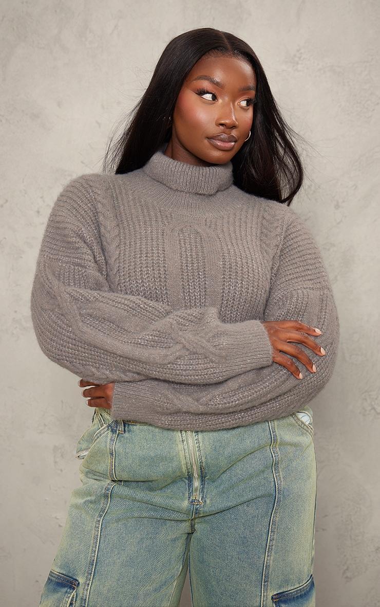 Plus Grey Soft Cable Knit Roll Neck Crop Sweater Product Image