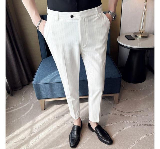 Pinstriped Tapered Cropped Dress Pants Product Image