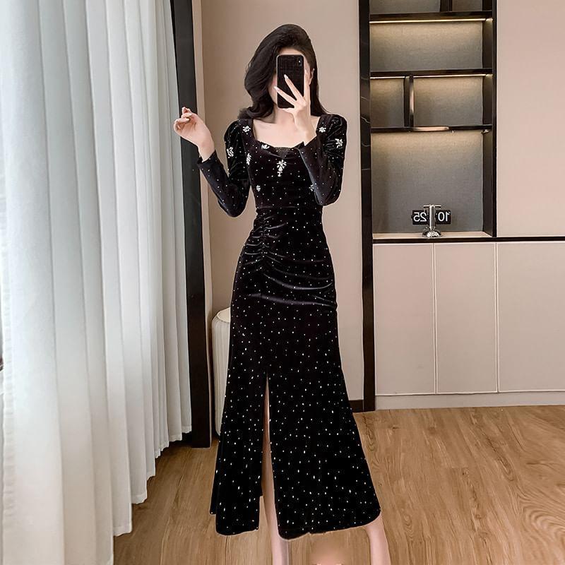 Long Sleeve Square Neck Dotted Embroidered Ruched Slit Bodycon Midi Dress Product Image