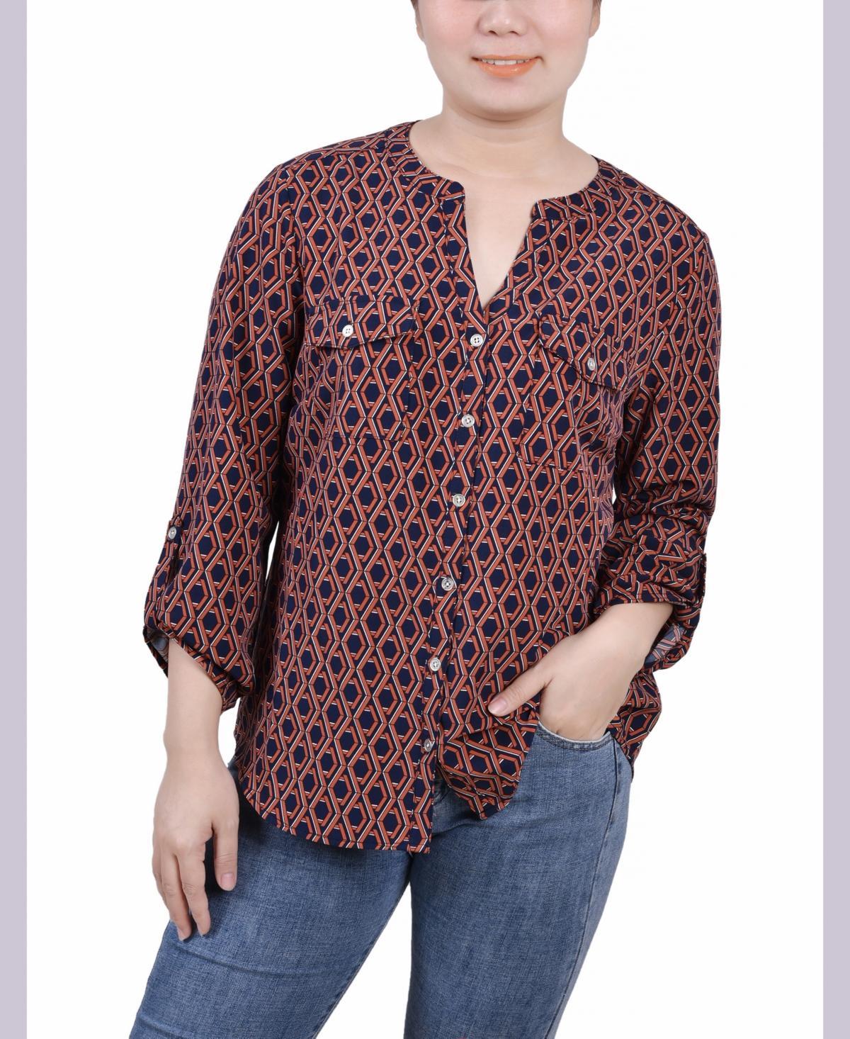 Womens 3/4 Roll Tab Sleeve Mandarin Collar Blouse Product Image