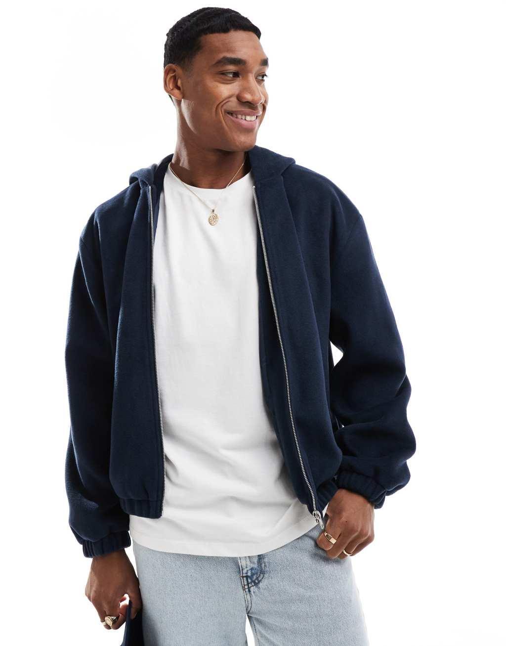 ASOS DESIGN wool look bomber jacket with hood in navy Product Image