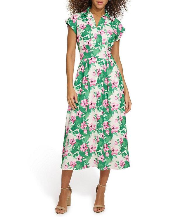 Kensie Dresses Floral Print Collar Split Neck Short Sleeve Midi Dress Product Image