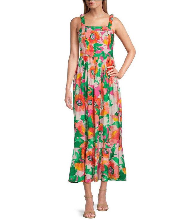 Leslie Fay Sleeveless Tie Strap Square Neck Floral Print Flounce Midi A-Line Dress Product Image