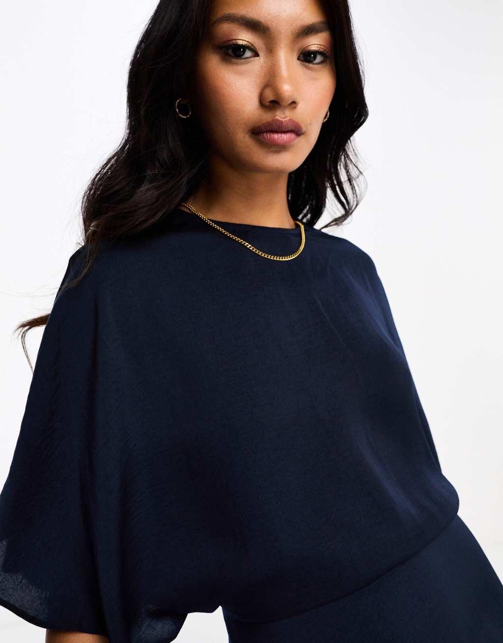 ASOS DESIGN satin flutter sleeve asymmetric hem midi dress in navy Product Image