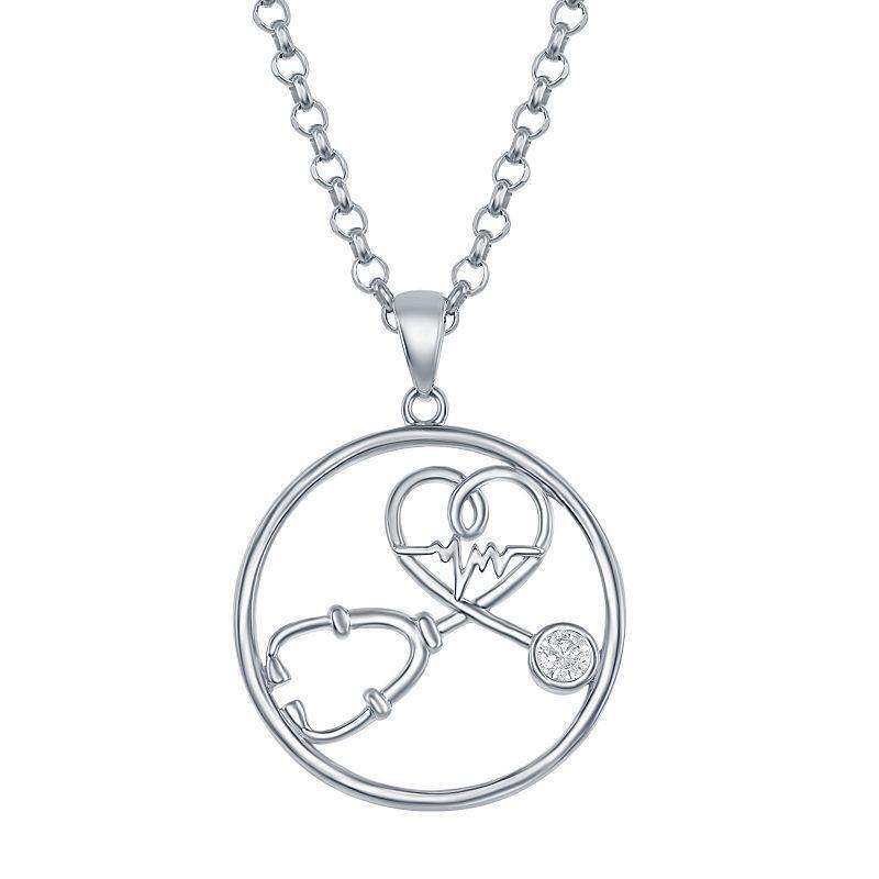 Sterling Silver Cubic Zirconia Stethoscope & Heartbeat Necklace, Womens Product Image