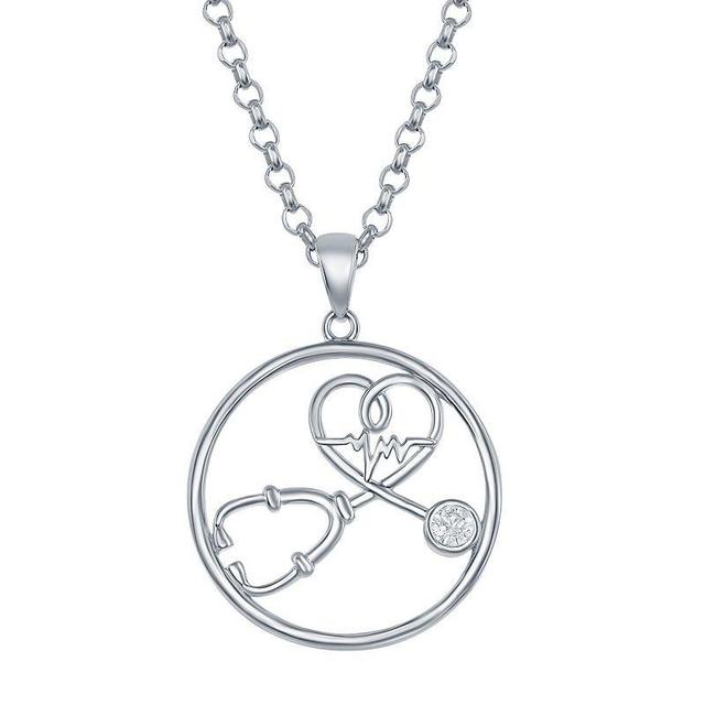 Sterling Silver Cubic Zirconia Stethoscope & Heartbeat Necklace, Womens White Product Image