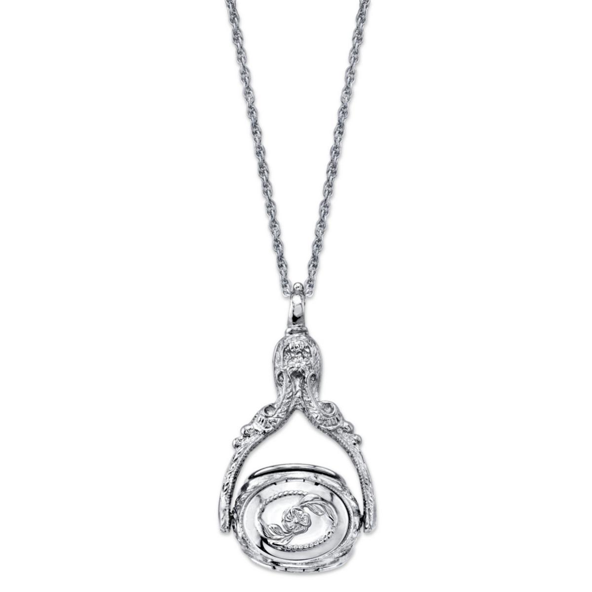 1928 Ornate Locket Pendant Necklace, Womens Silver Tone Product Image