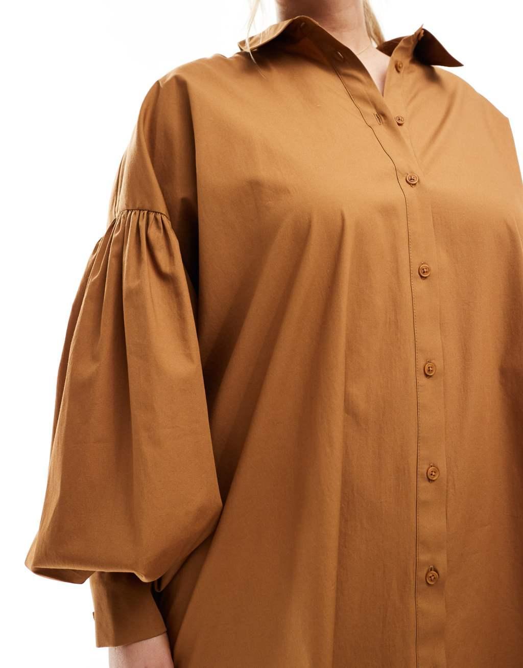 ASOS DESIGN Curve ultimate boyfriend mini shirt dress with volume sleeve in tan Product Image