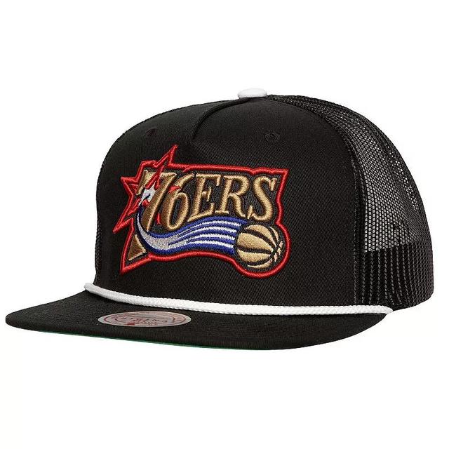 Mens Mitchell & Ness Black Philadelphia 76ers Roper Meshback Trucker Snapback Hat Product Image