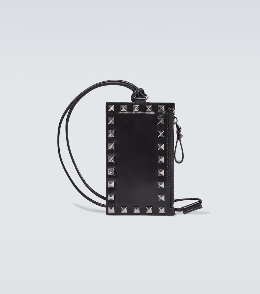 VALENTINO GARAVANI Rockstud Leather Card Holder With Strap In Black Product Image