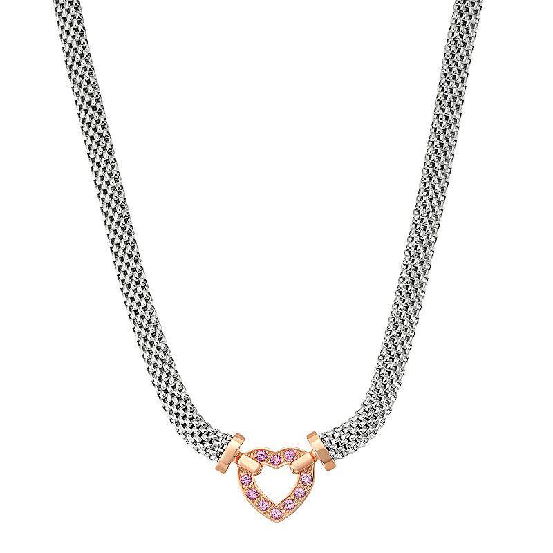 Two Tone Sterling Silver Lab-Created Pink Sapphire Heart Necklace, Womens Product Image