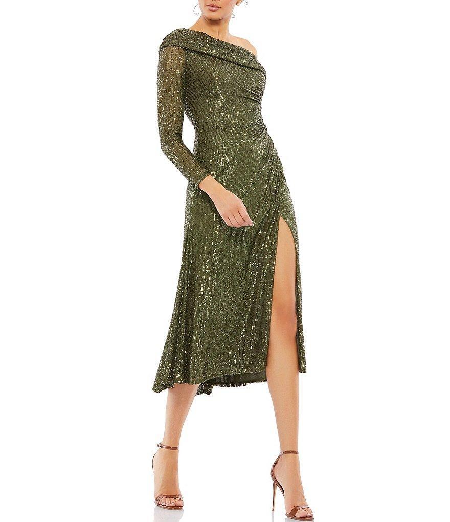 Mac Duggal Long Sleeve Asymmetric One Shoulder Ruched Thigh High Slit Sequin Midi Dress Product Image