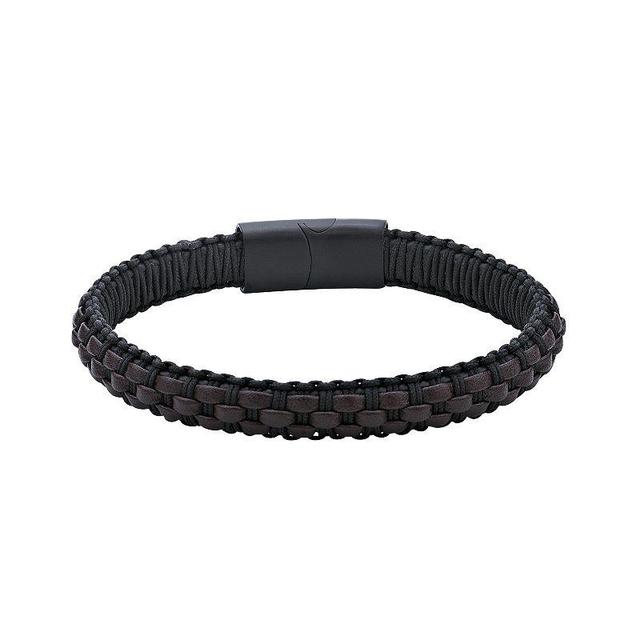 LYNX Mens Dark Brown Leather Braided Bracelet Stainless Product Image