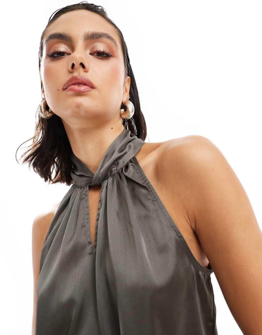 Pieces satin high neck key hole detail top in gray Product Image