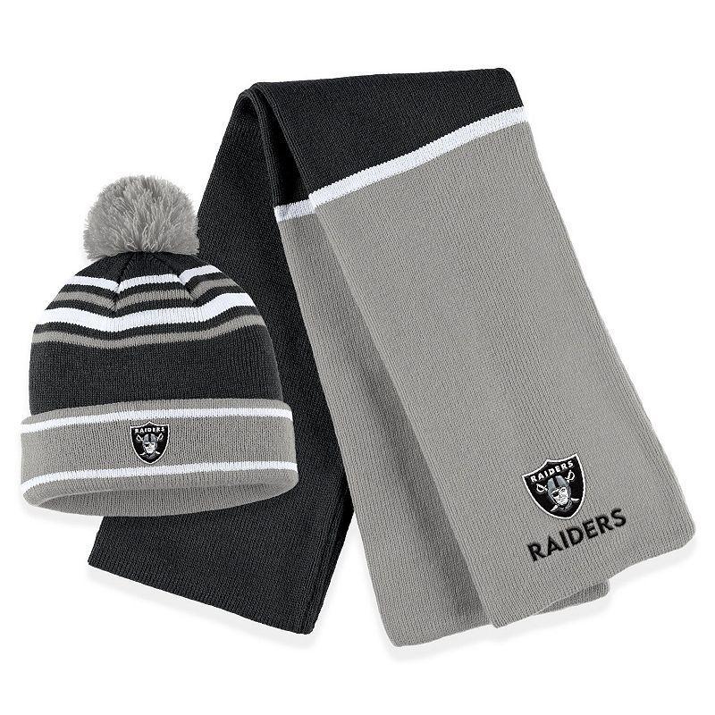 Womens WEAR by Erin Andrews Black Las Vegas Raiders Colorblock Cuffed Knit Hat with Pom and Scarf Set Product Image