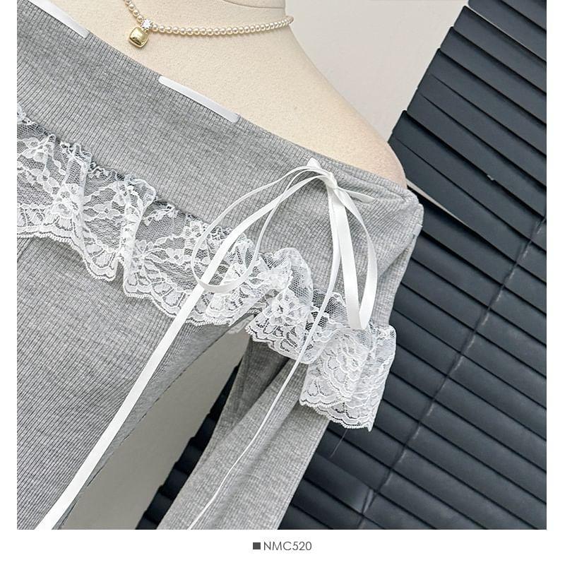 Lace-Panel Off-Shoulder Crop T-Shirt Product Image