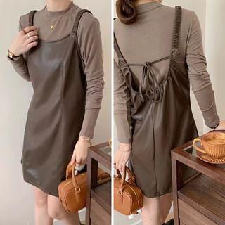 Set: Long-Sleeve Crew Neck Plain Slim Fit T-Shirt + Faux Leather A-Line Pinafore Dress product image