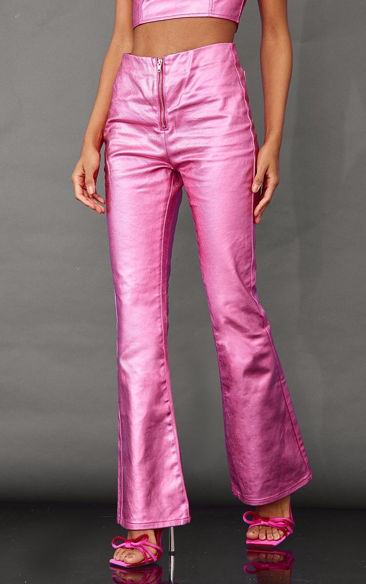 Bright Pink Metallic Look Coated Denim Flare Jeans Product Image