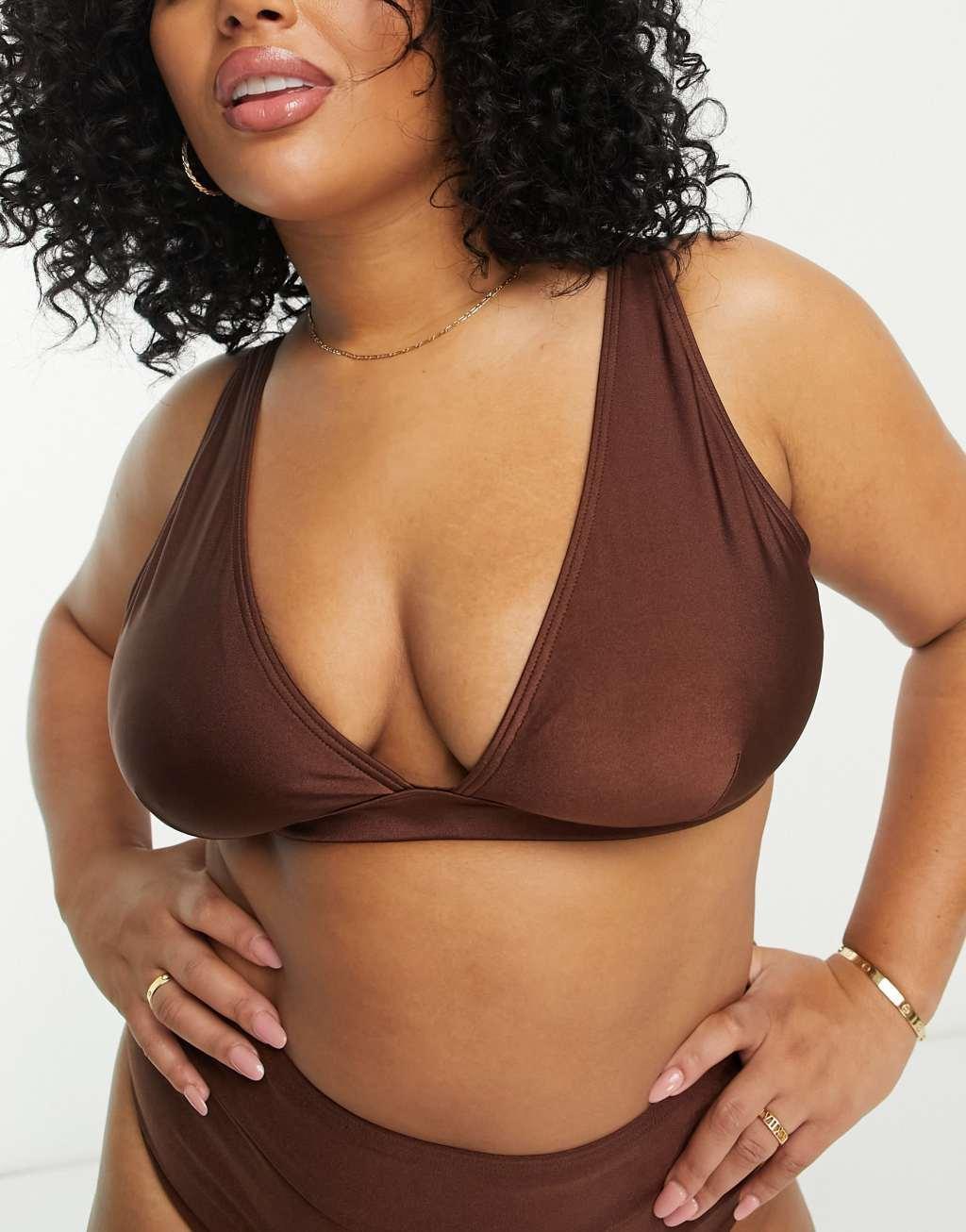 South Beach Curve Exclusive high apex triangle bikini top in high shine brown  Product Image