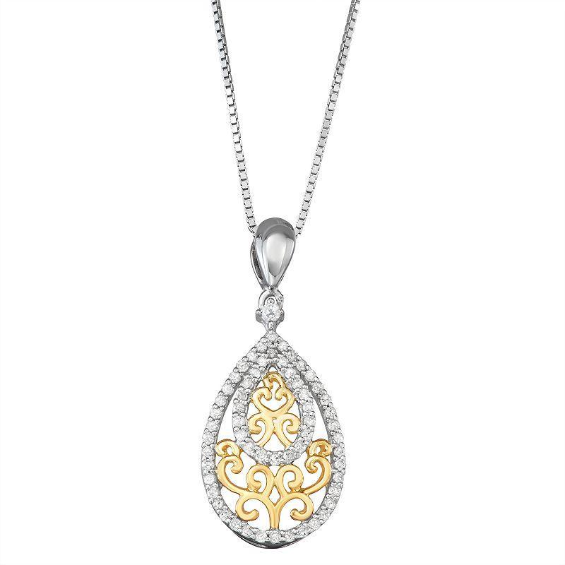 Two Tone Sterling Silver 1/4 Carat T.W. Diamond Teardrop Pendant, Womens Gold Tone Product Image