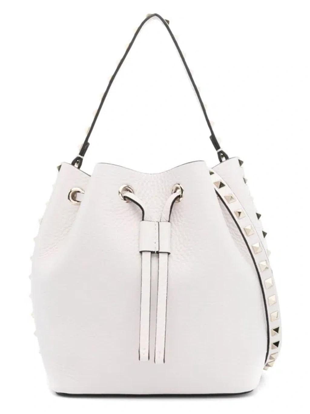 Women's Rockstud Leather Bucket Bag In White Product Image