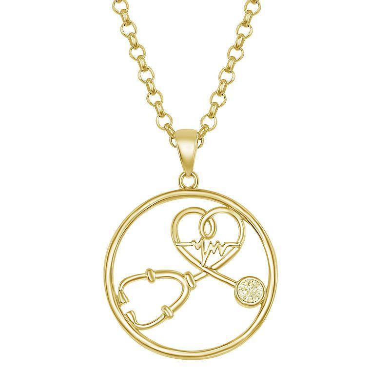 Sterling Silver Cubic Zirconia Stethoscope & Heartbeat Necklace, Womens Gold Tone Product Image