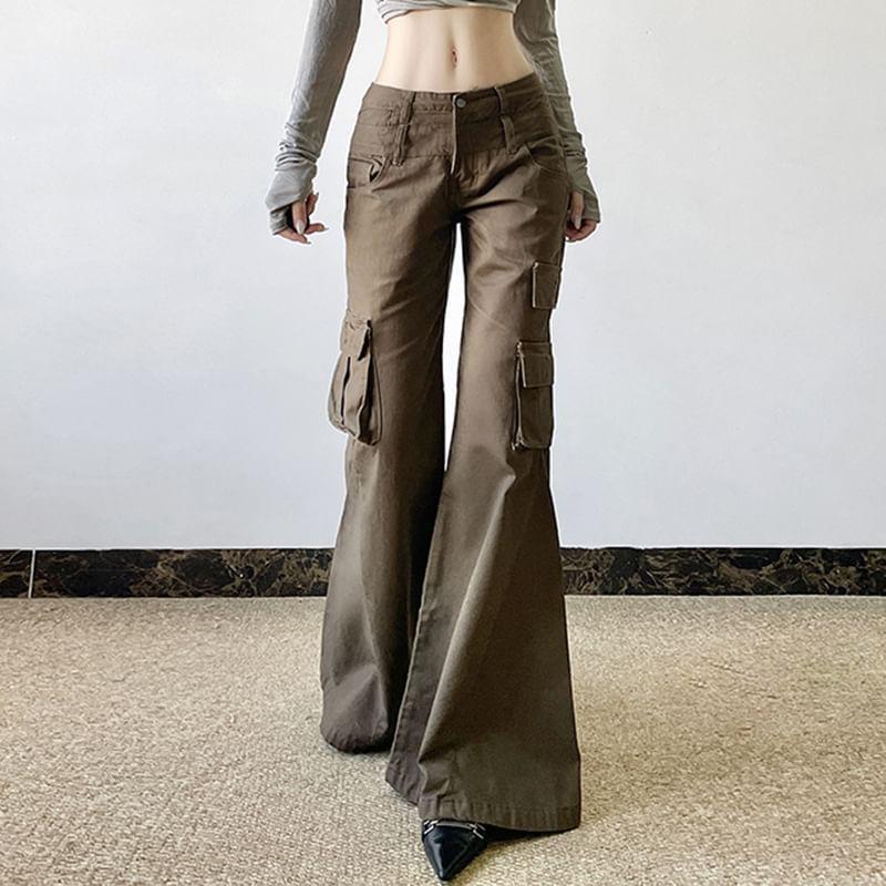 Low Waist Plain Pocket Slim-Fit Boot-Cut Cargo Pants Product Image