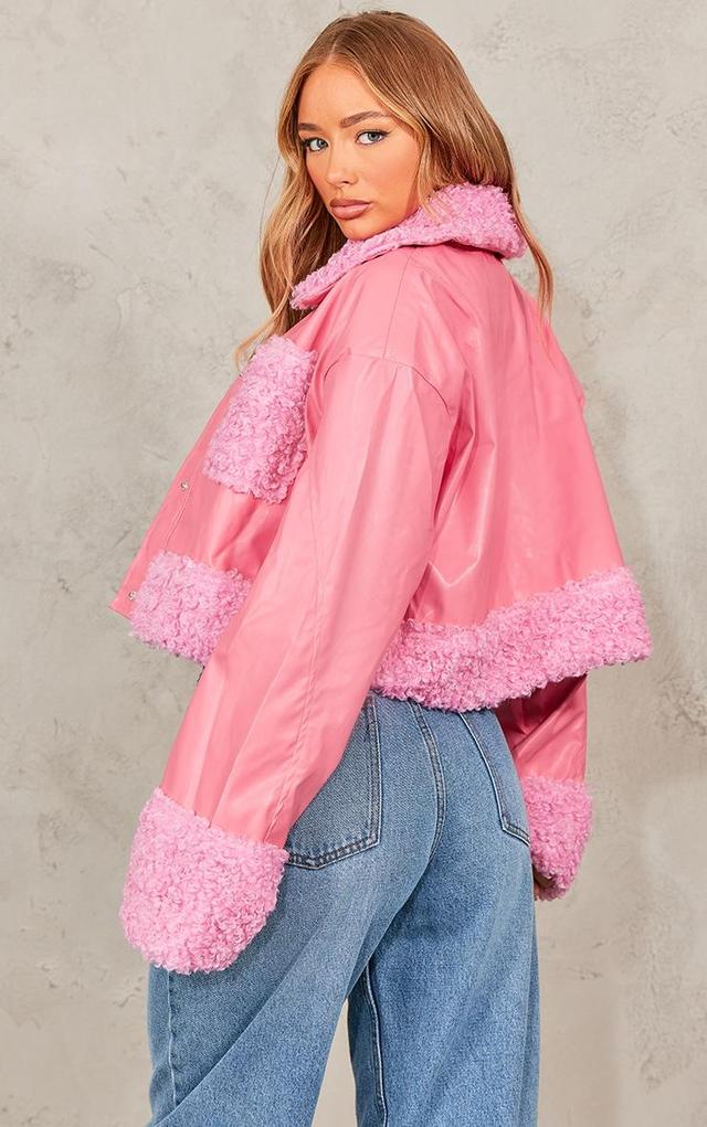  Pink Borg Pocket Front Faux Leather Cropped Coat Product Image