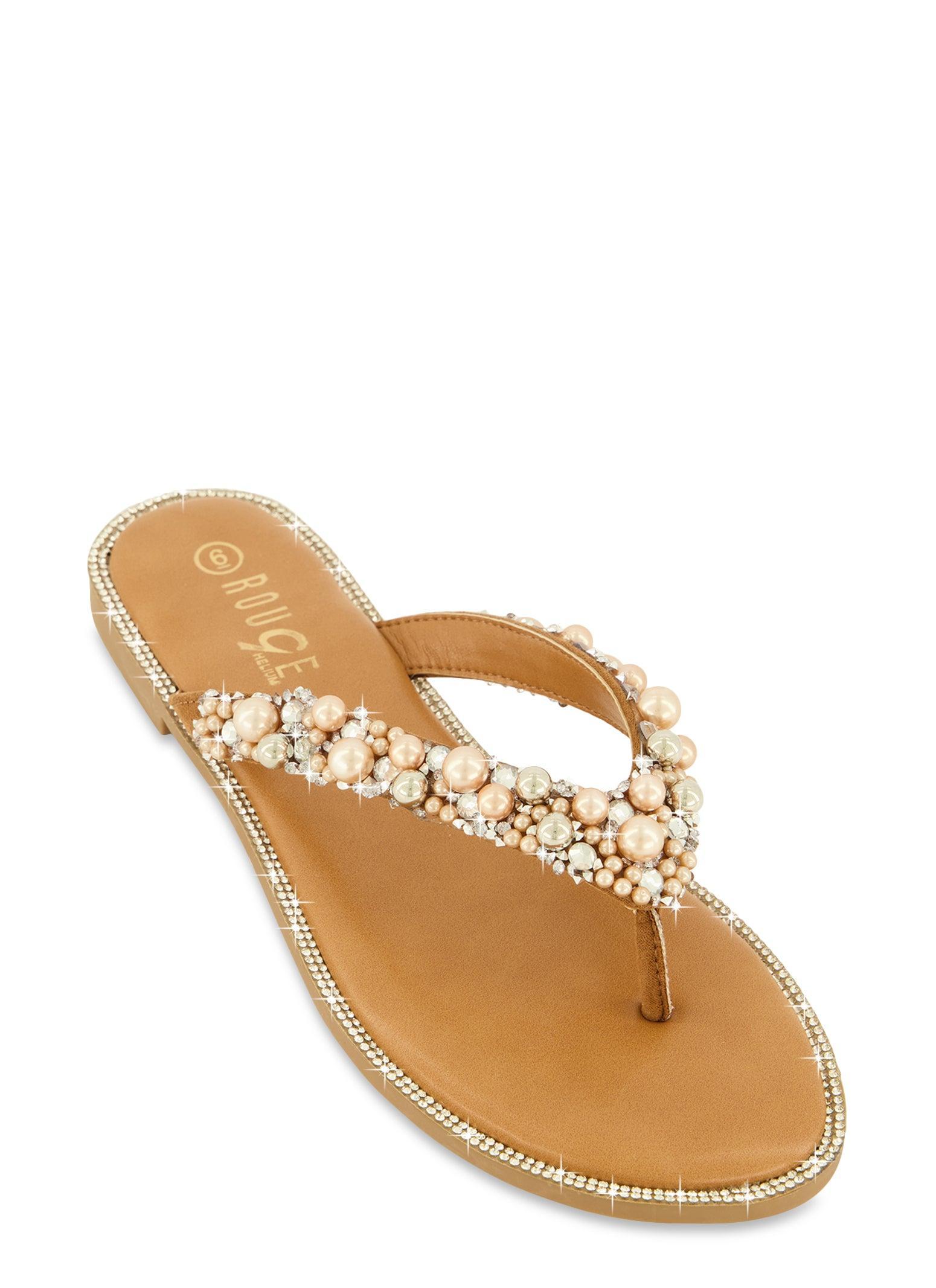 Womens Rhinestone Trim Faux Pearl Thong Sandals Product Image