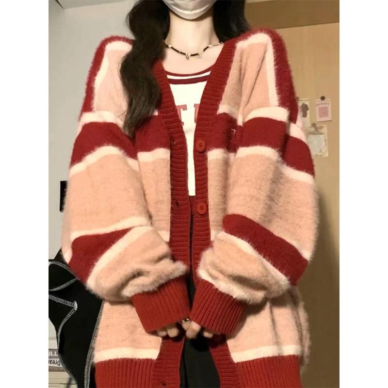 V-Neck Striped Cardigan Product Image