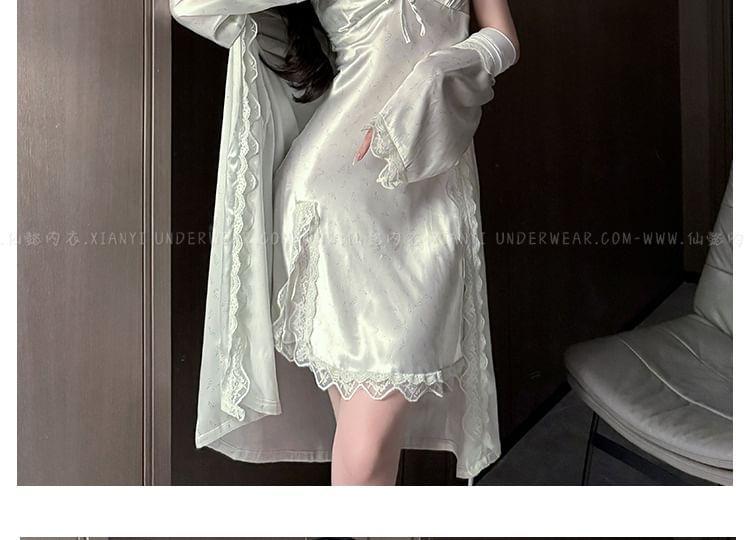 Floral Slit Lace Trim Slip Dress / Robe Product Image