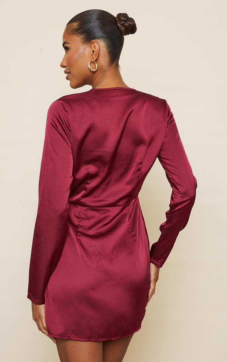 Burgundy Satin Long Sleeve Wrap Dress Product Image