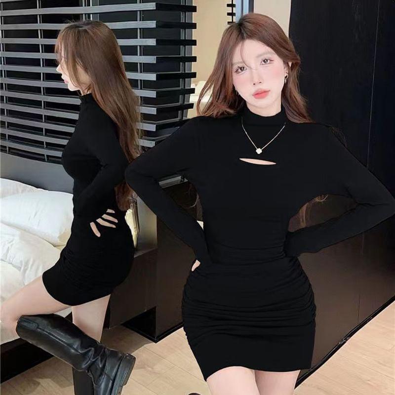 Long-Sleeve Mock Neck Plain Cutout Ruched Mini Sheath Dress Product Image