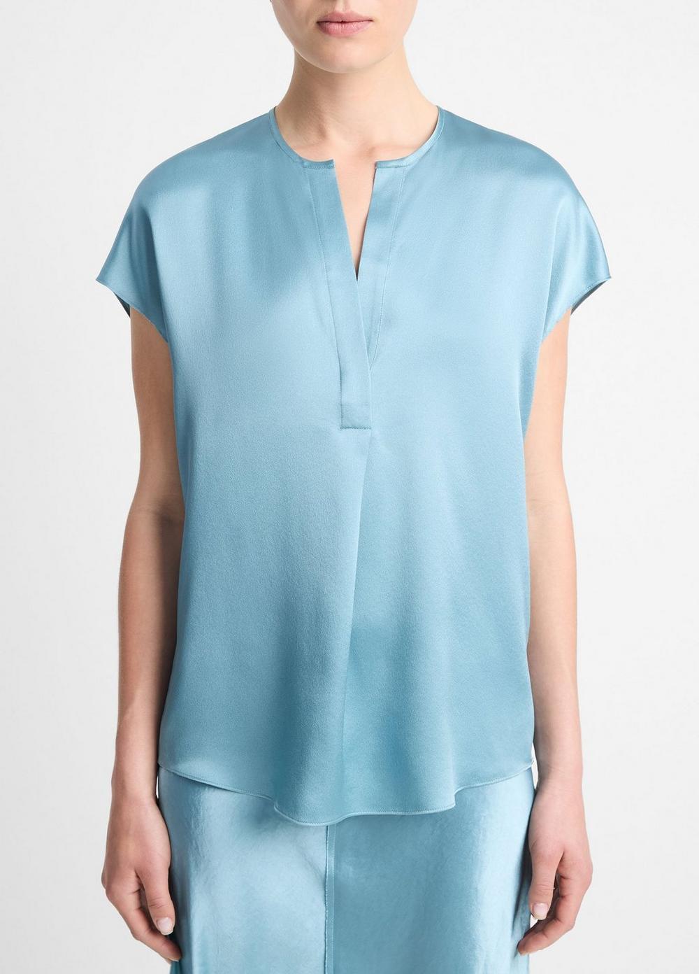 Silk Cap-Sleeve Half-Placket Blouse Product Image