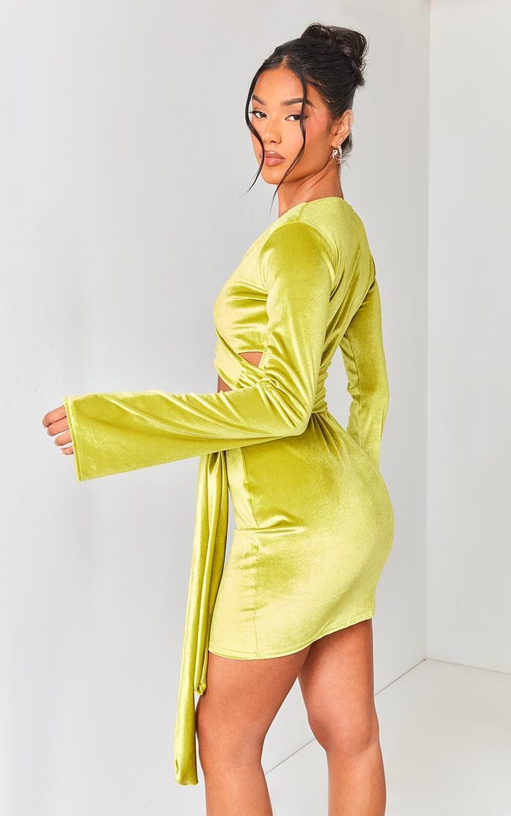 Lime Green Velvet Wrap Around Long Sleeve Bodycon Dress Product Image