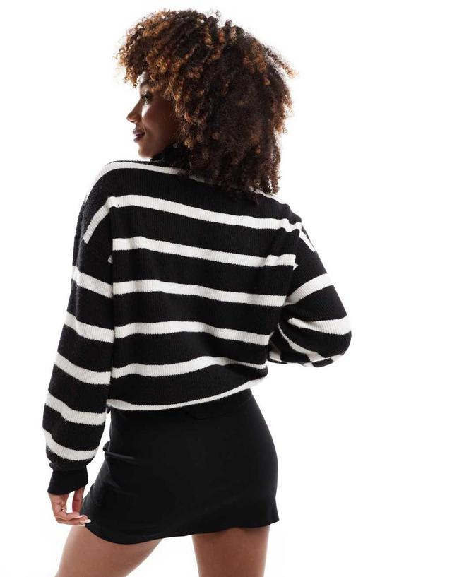 French Connection half zip cropped knitted sweater in black and white stripe Product Image