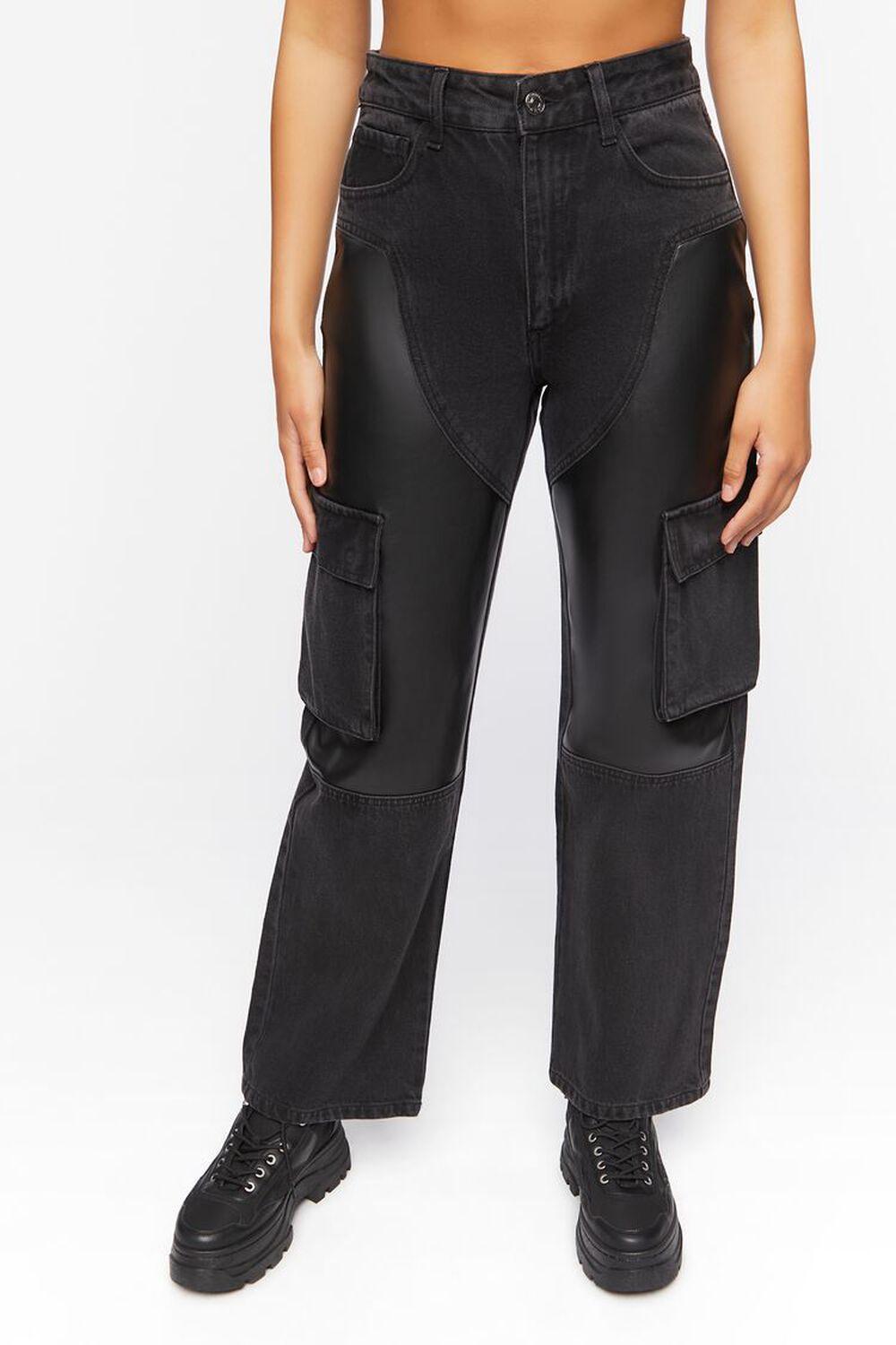 Faux Leather Cargo Jeans | Forever 21 Product Image