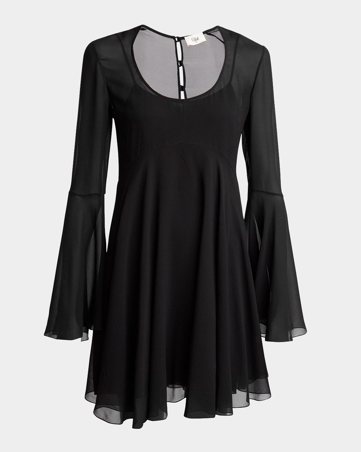 Bell Sleeve Silk Georgette Mini Dress In Black Product Image