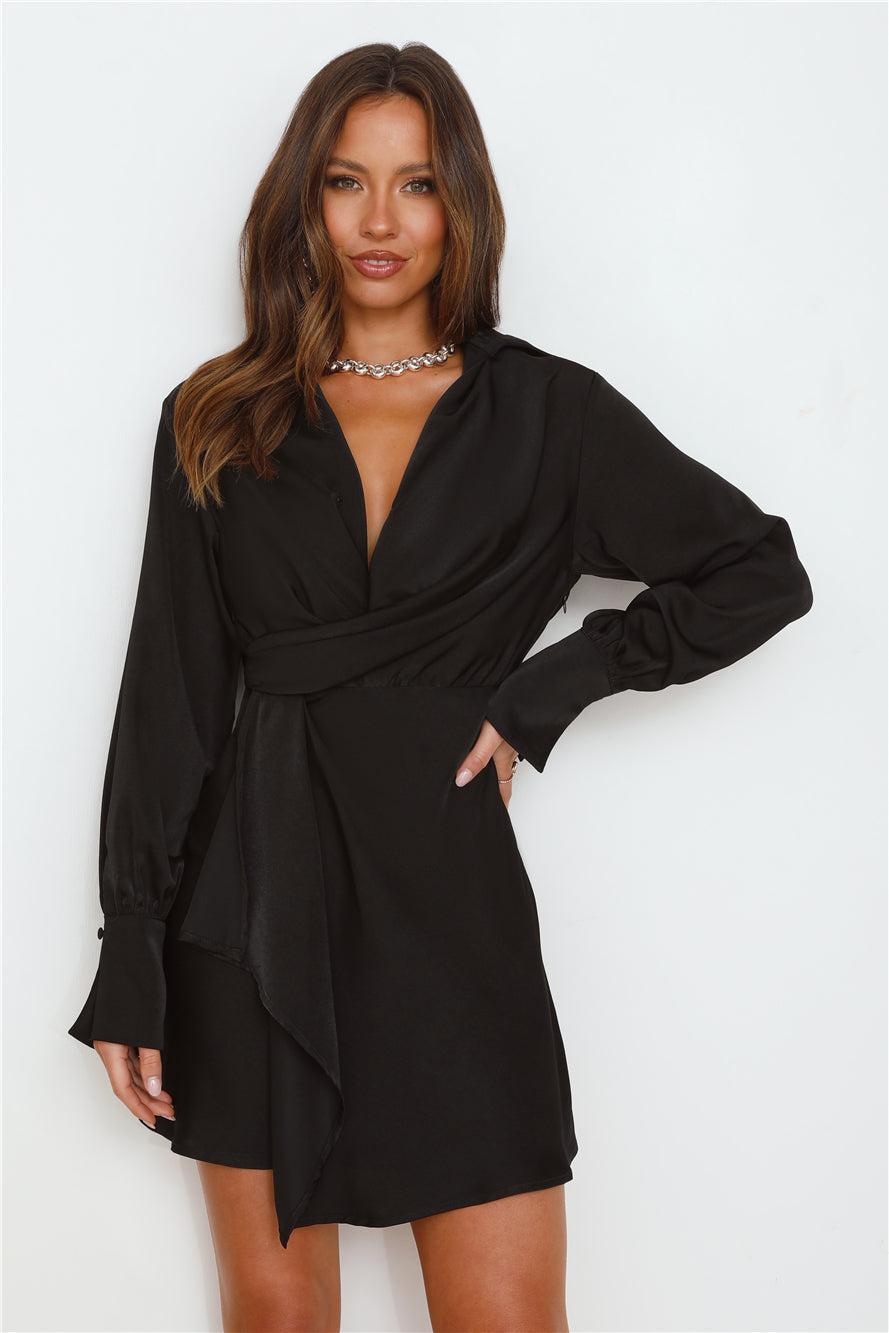 Days Of Love Long Sleeve Satin Mini Dress Black Product Image