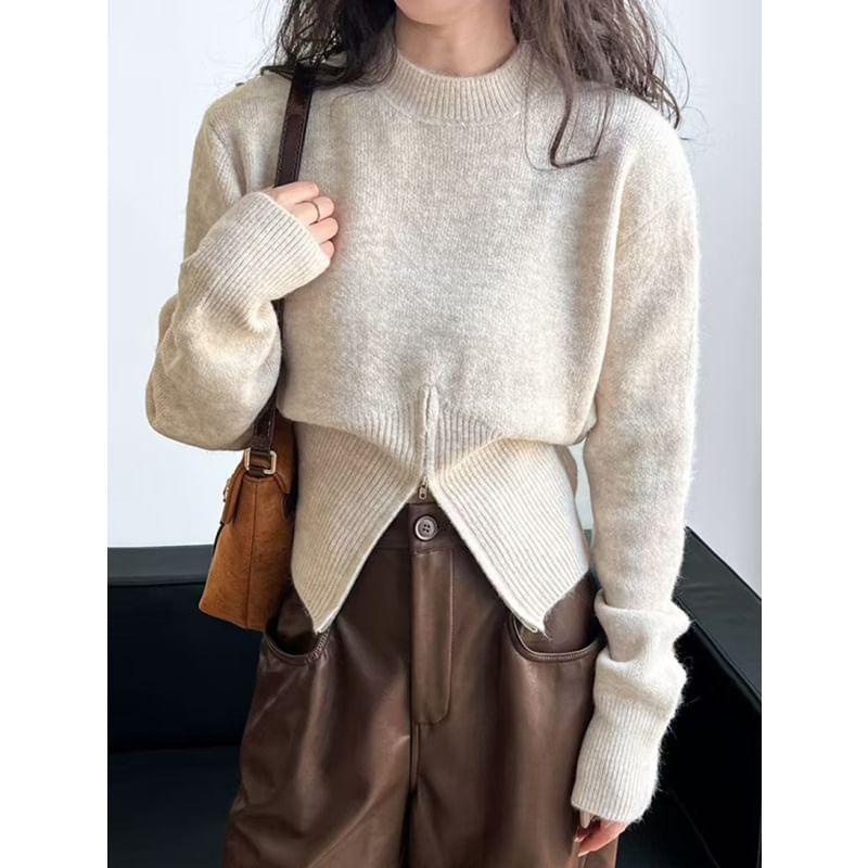 Mock Neck Plain Zip Slit Sweater Product Image