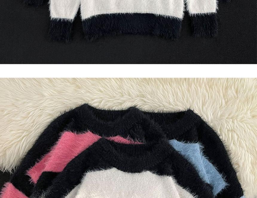 Crew Neck Striped Fluffy Oversized Sweater Product Image