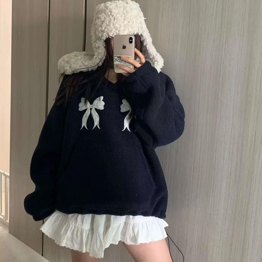 V-Neck Bow Embroidered Faux Shearling Pullover Product Image