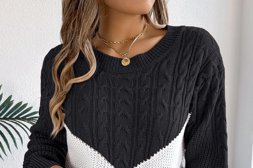 Crew Neck Color Block Cable Knit Sweater Product Image