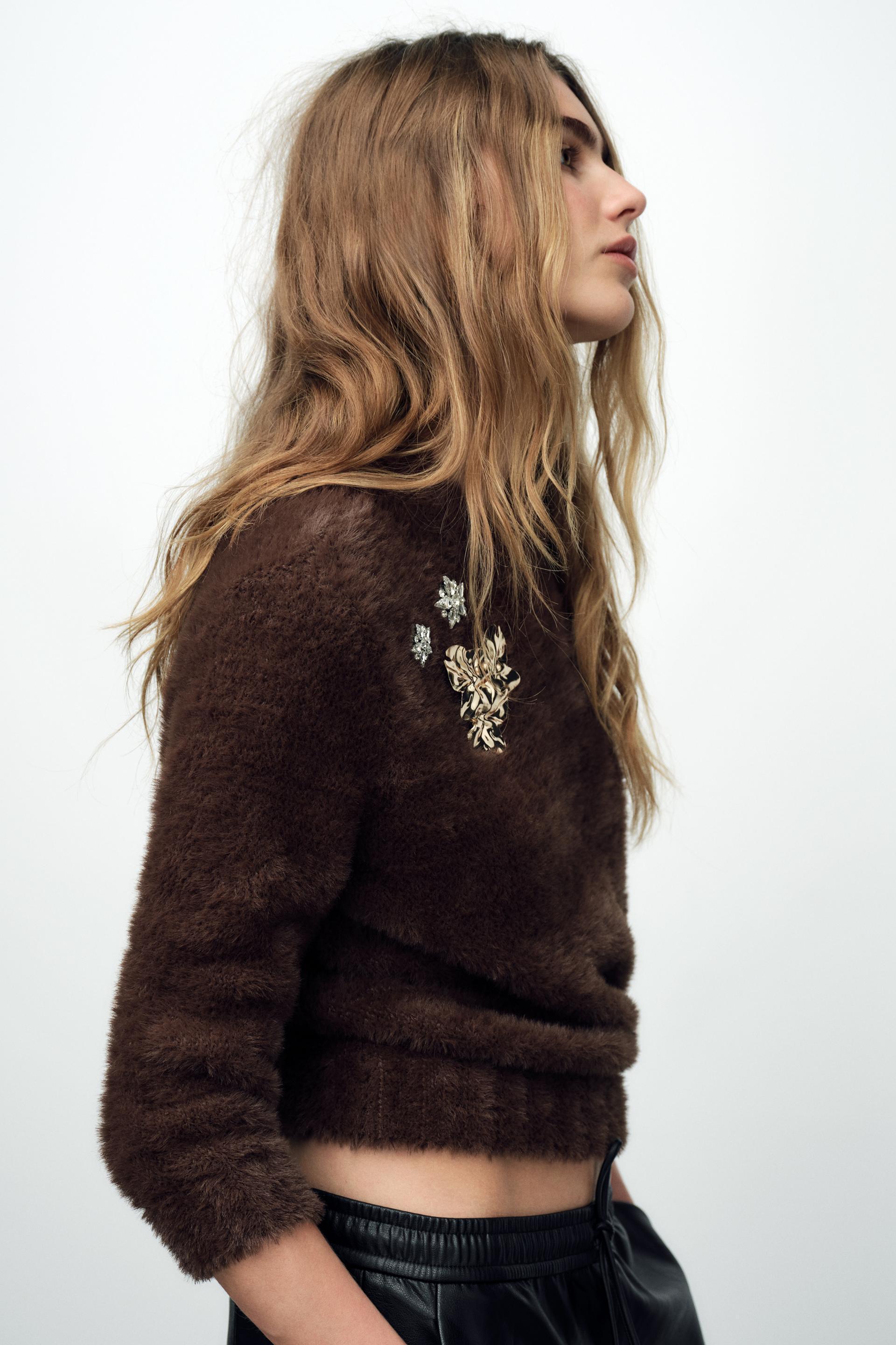 FAUX FUR KNIT SWEATER WITH BROOCHES Product Image