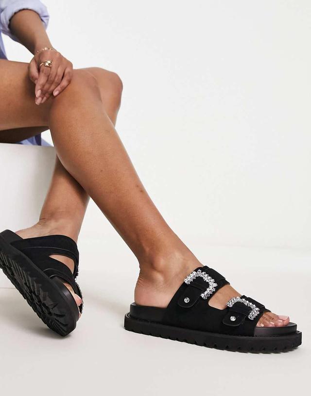 River Island jewel double buckle flat sandal in black Product Image