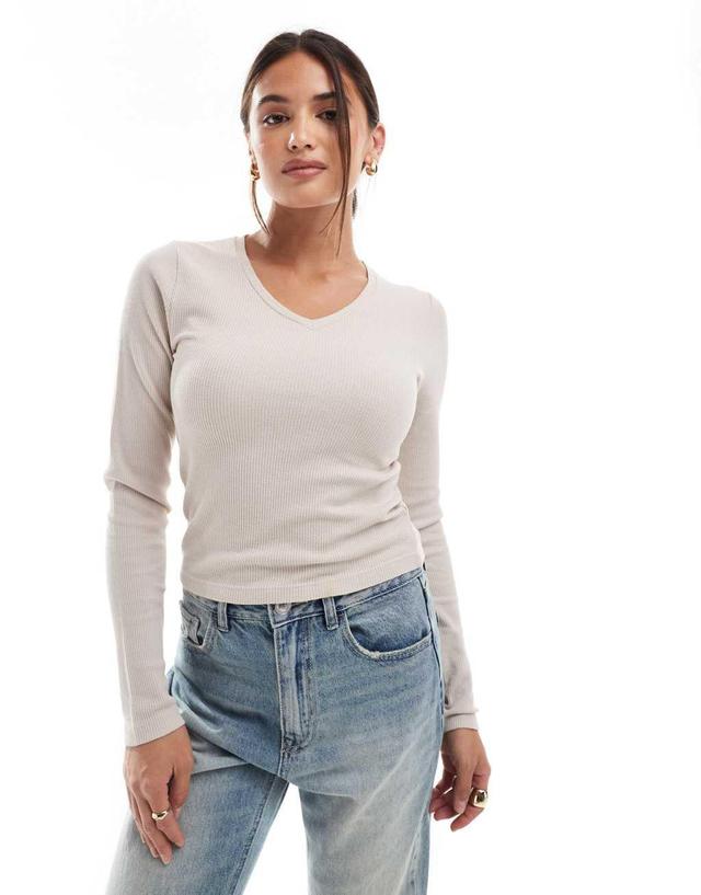 ASOS DESIGN mini v neck long sleeve top in washed waffle stone Product Image